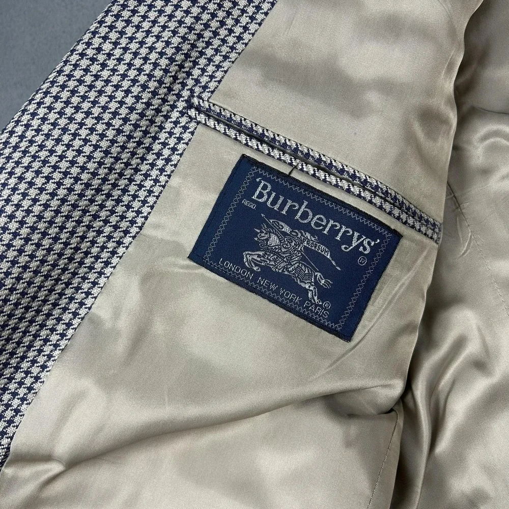 Vintage Burberrys Blazer‎ Mens 46 Navy Gray Houndstooth Sport Coat 2 Button 90s